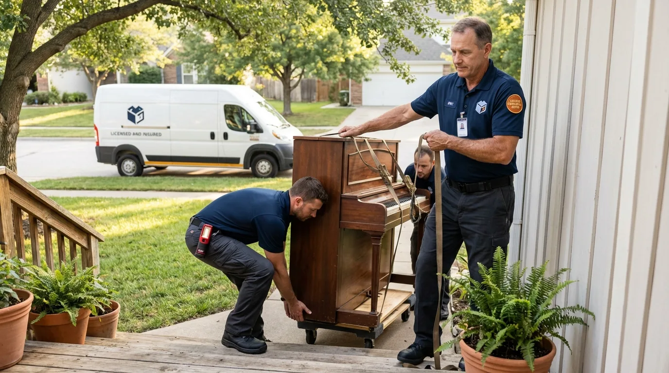 Licensed piano movers securing grand piano in Pepperell, MA