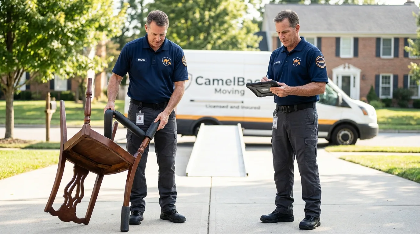 Movers inspecting furniture for damage prevention before loading in Pepperell, MA