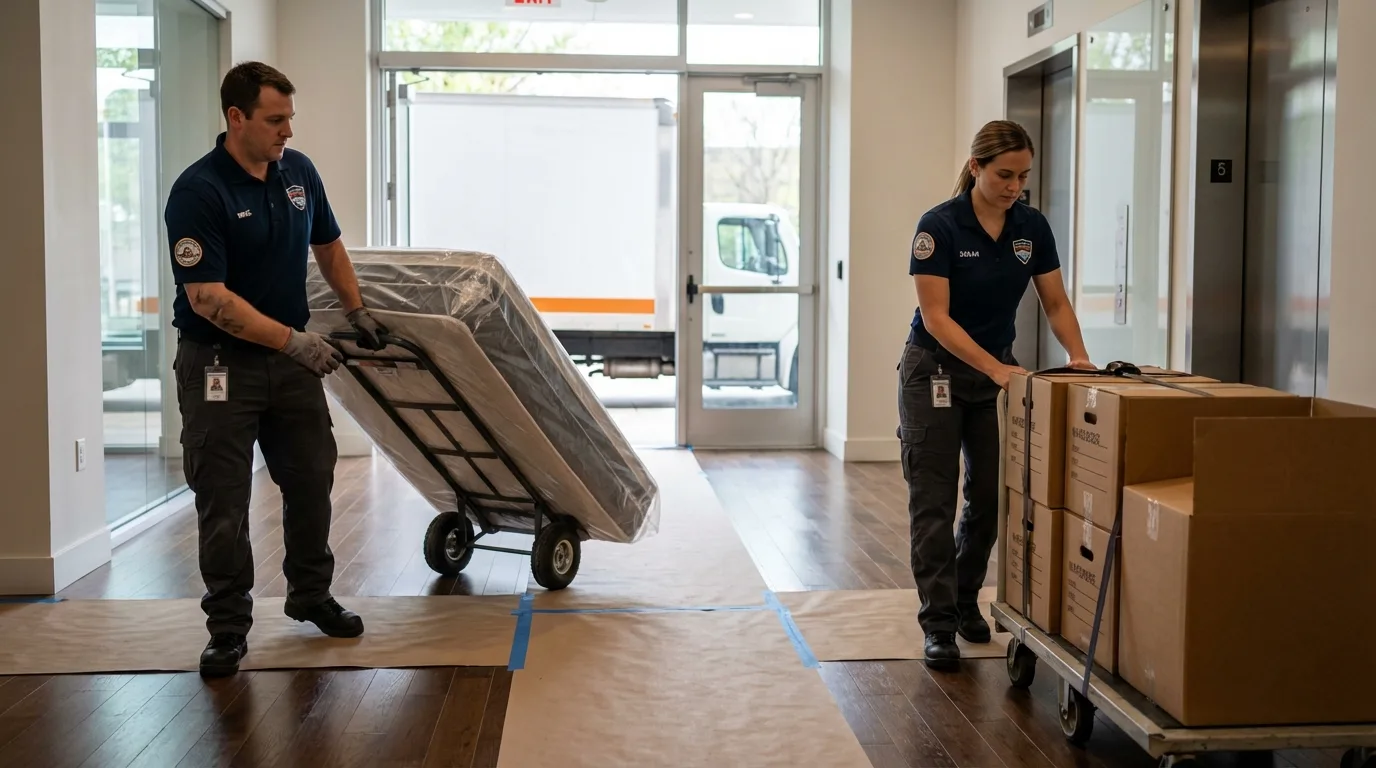 Professional apartment movers loading elevator in Pepperell, MA