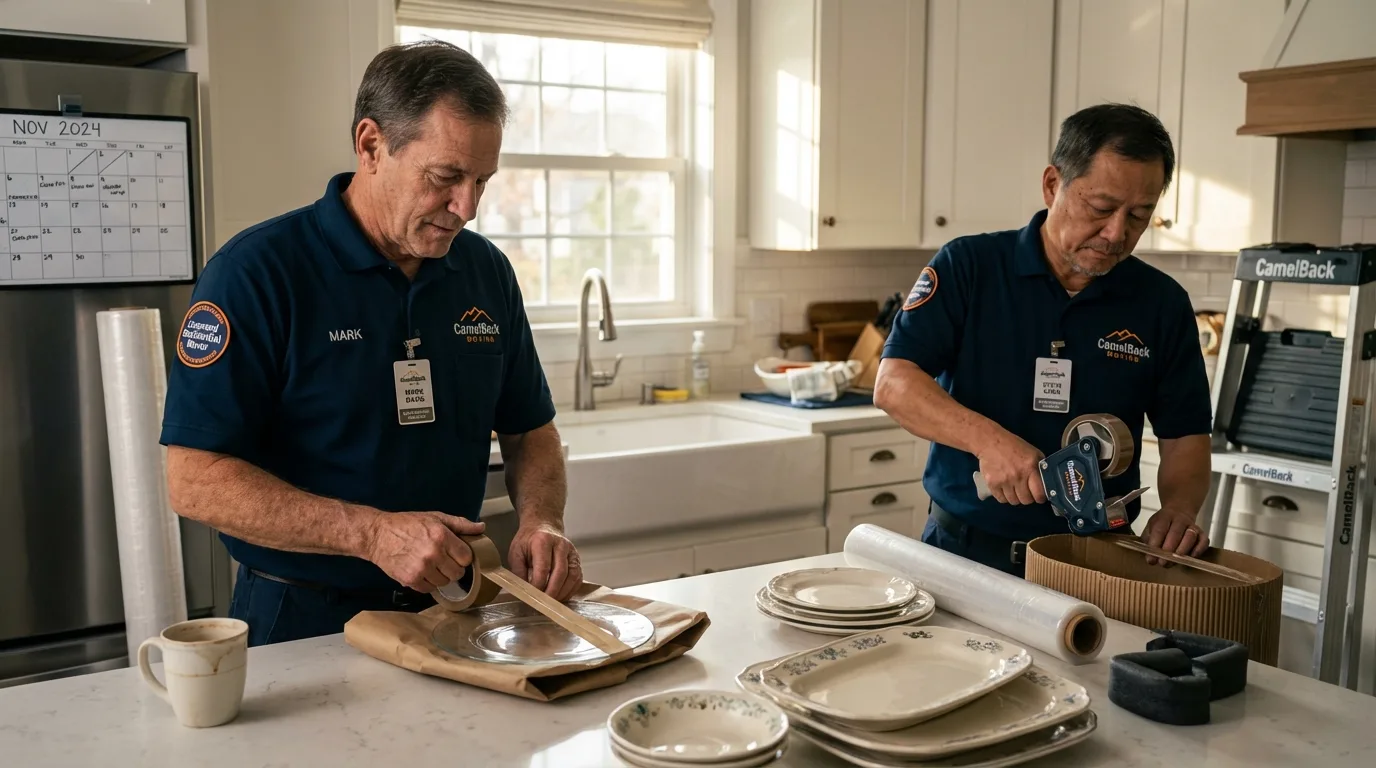 Professional crew packing kitchen dishware in Pepperell, MA